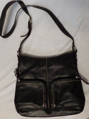 Tignanello Black Leather Crossbody Bag Purse Adjustable Strap Striped Interior